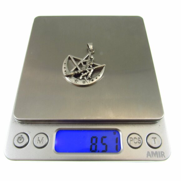 Solid 925 Sterling Silver Salem Witch on Broom Crescent Moon Pentagram Pendant - Picture 9 of 9